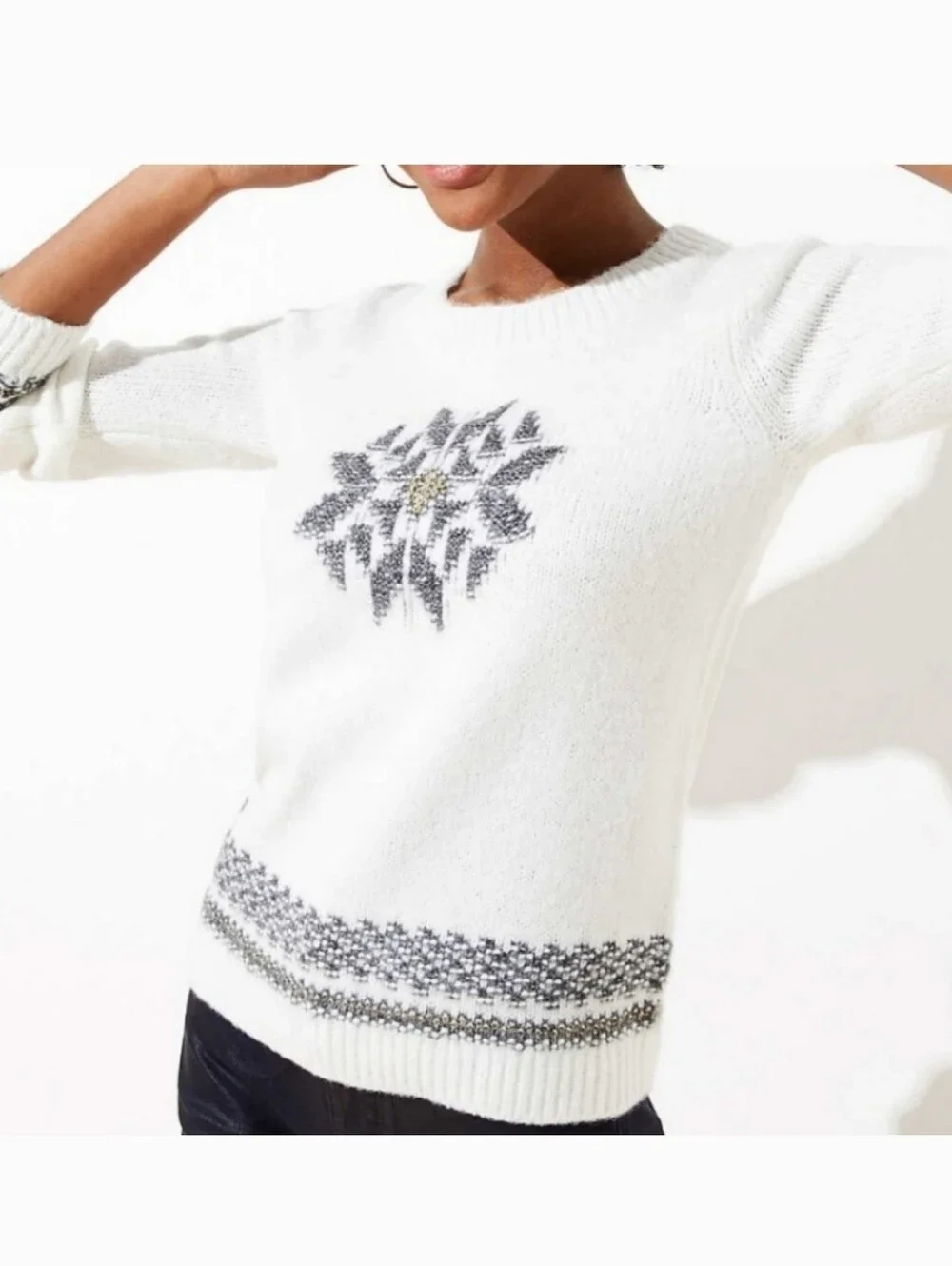 LOFT NWT Cream Crewneck Sweater with Gray Fair Isle Motif Wool Blend Size XS
